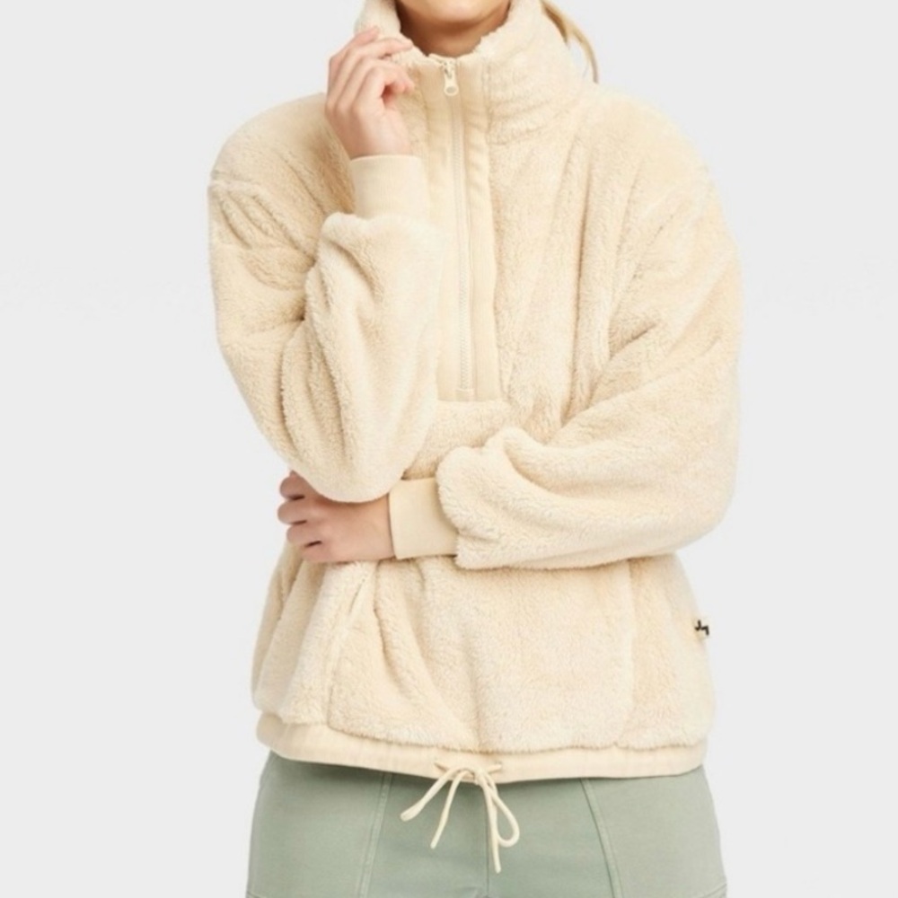 JoyLab Cream Sherpa Fleece Teddy Pullover Half Zip Sweater